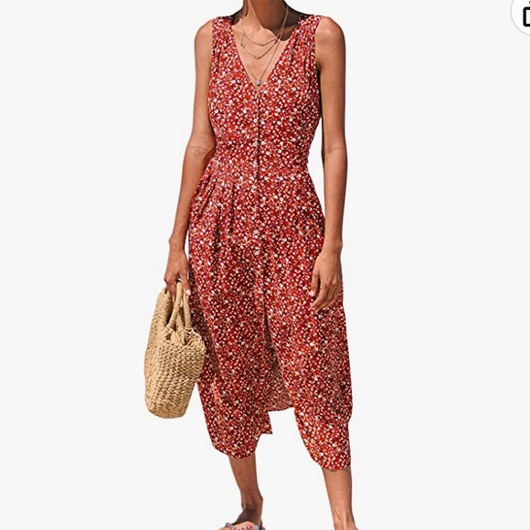 Cupshe Dresses Cupshe V Neck Button Front Tie Back Sleeveless Red Floral Dress Womens Large